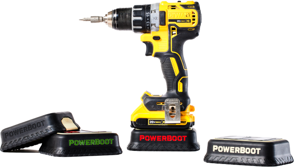 Creative graphic illustrating the invention of PowerBoot tools, showcasing the brainstorming process with sketches and tools.